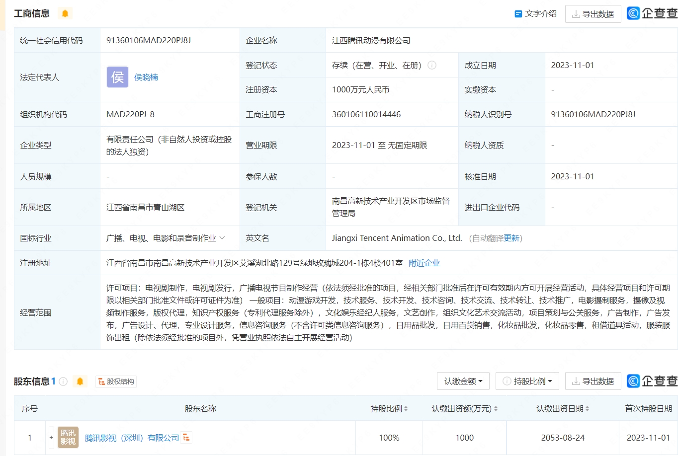 腾讯在江西成立动漫公司 业务含动漫游戏开发